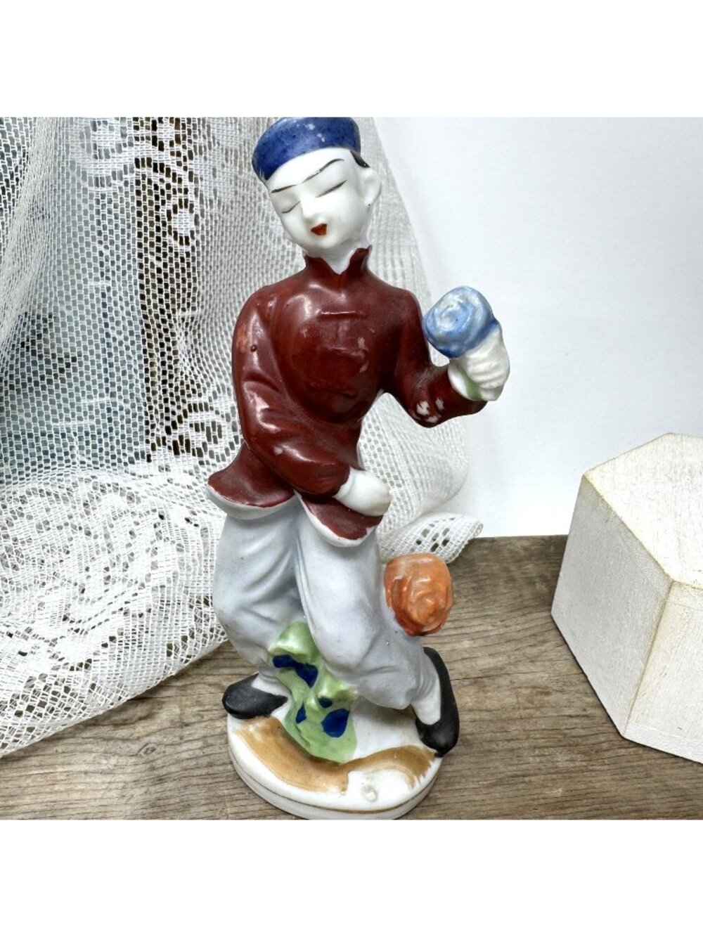 Vintage Handpainted Porcelain Figurine Man Holding Blue Flower Made In Occupied